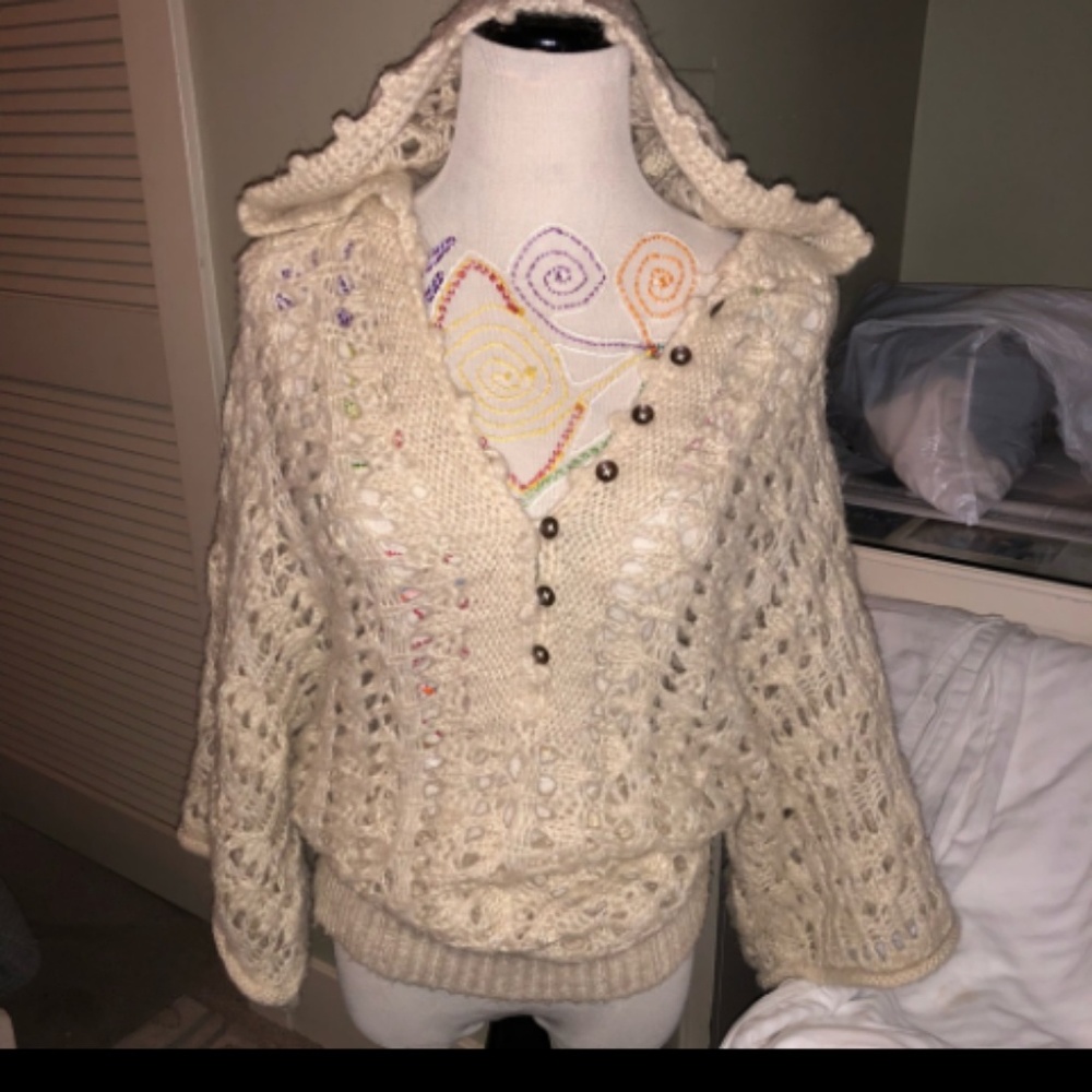 Free People Cream Crochet Knit Hooded Sweater